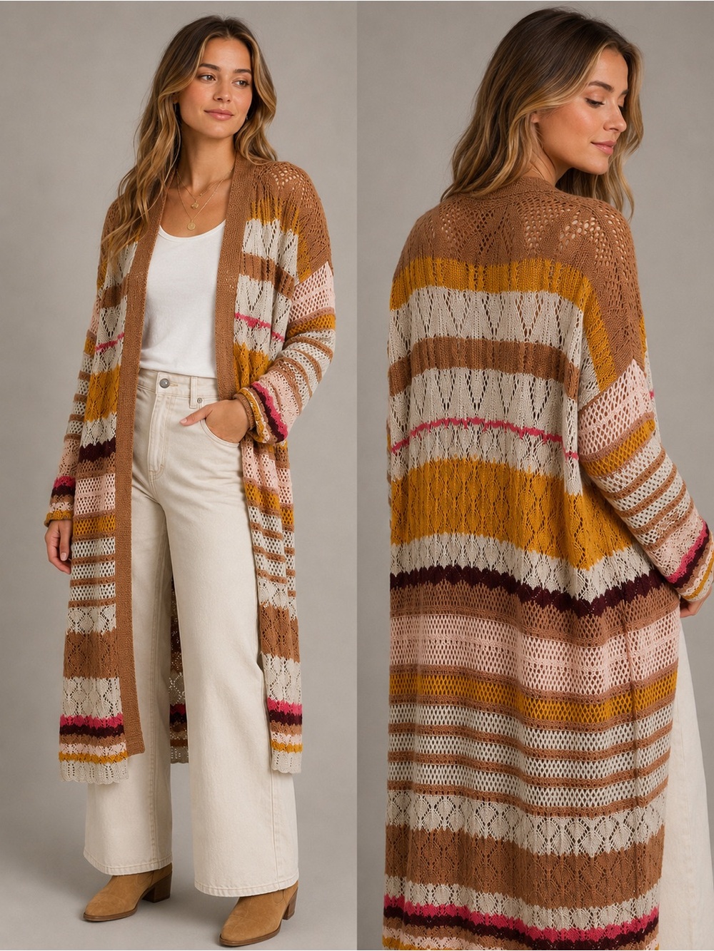 Umgee Crochet Long Cardigan Cotton Sweater Vest Cream Pink Orange Tan Small USA